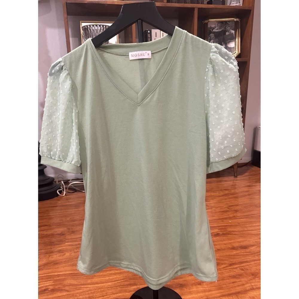 Women's Blouse Top V-Neck Dot Puff‎ Short Sleeve Loose Casual Summer Sz M Medium